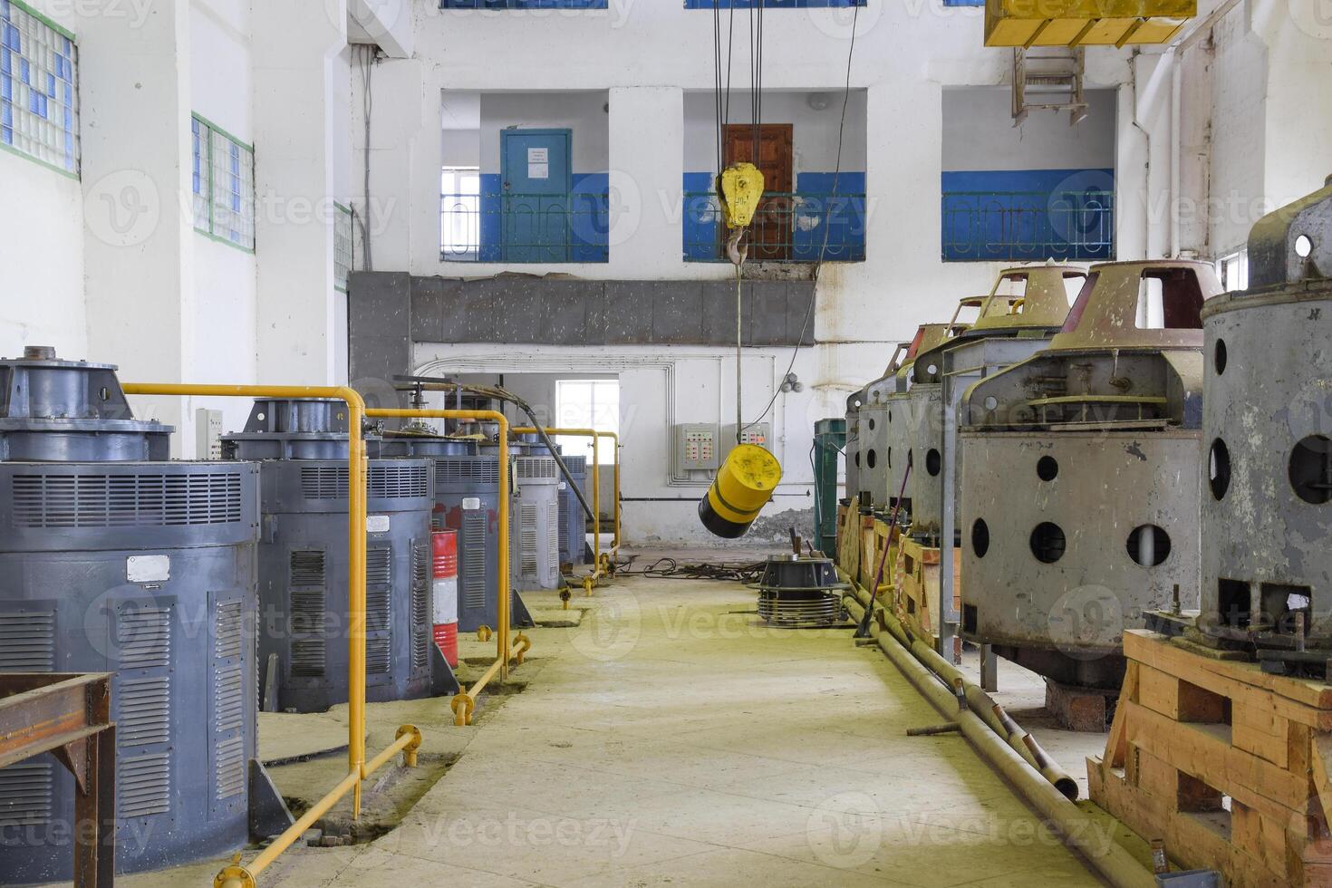 Engines of water pumps at a water pumping station. Pumping irrig photo