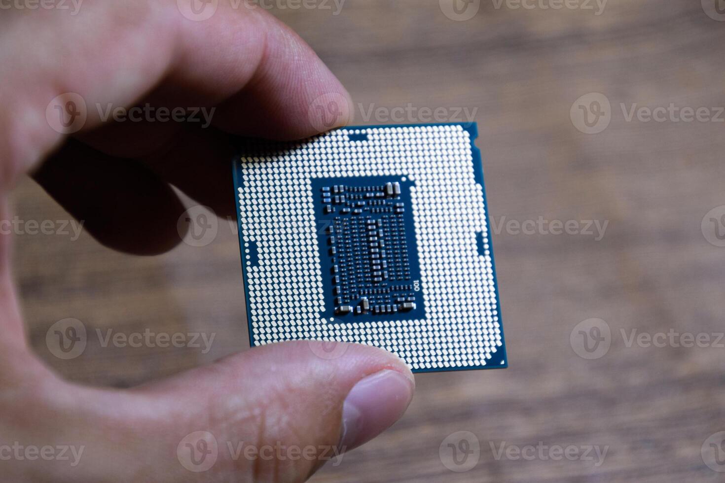 The processor is a desktop computer in hand. Inspect the CPU contacts before installing photo