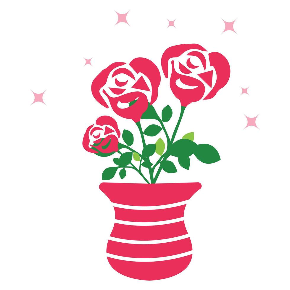 pink rose in a vase with green leaves vector