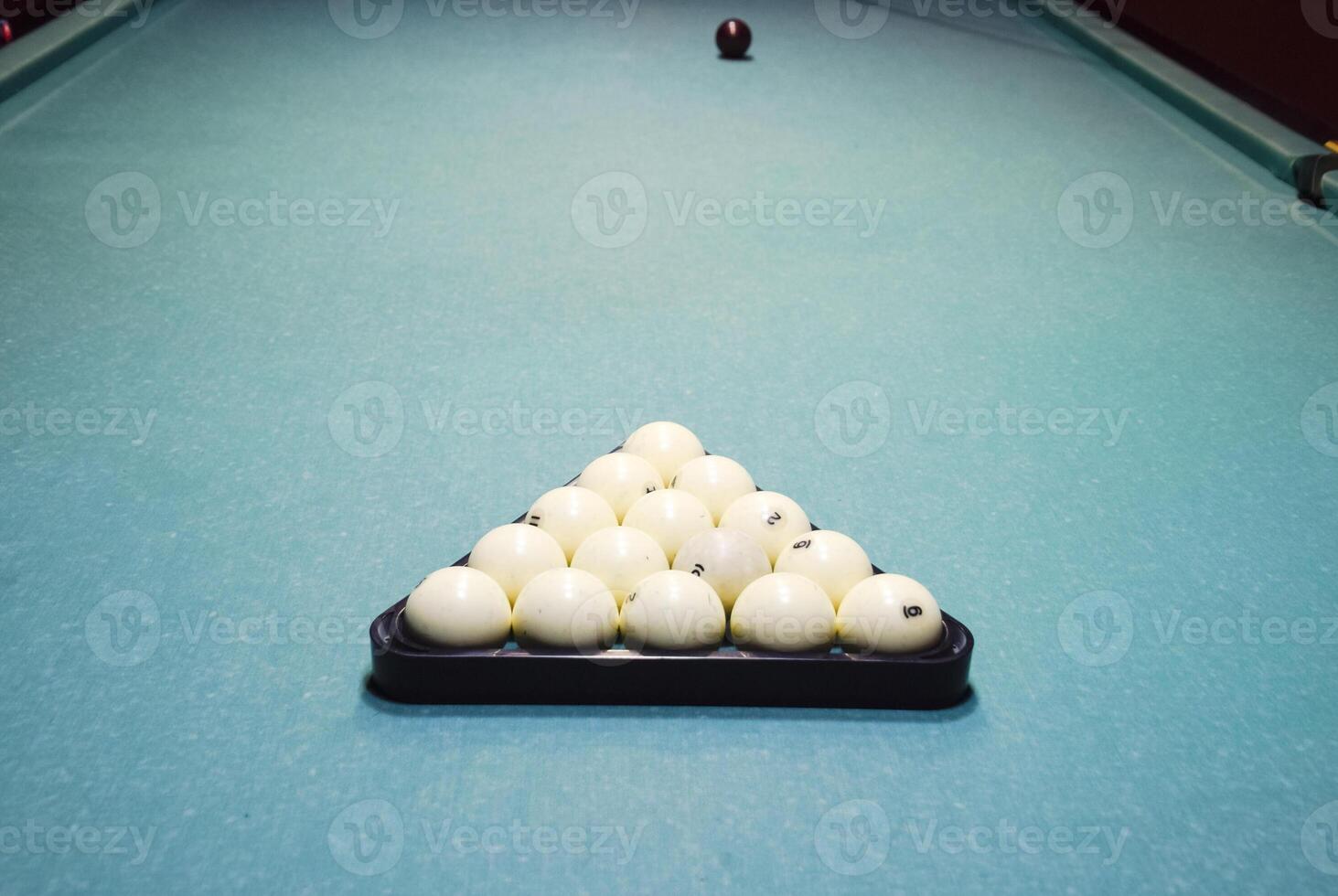 Billiards, billiard table, balls in the triangle. Construction o photo