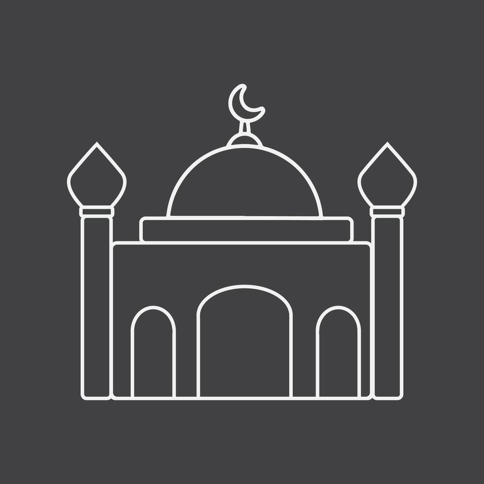 Two Tower Yellow and Green Mosque or masjid with Crescent Moon on Top. Vector Illustration Icon in Black and White or Grayscale Coor Background.