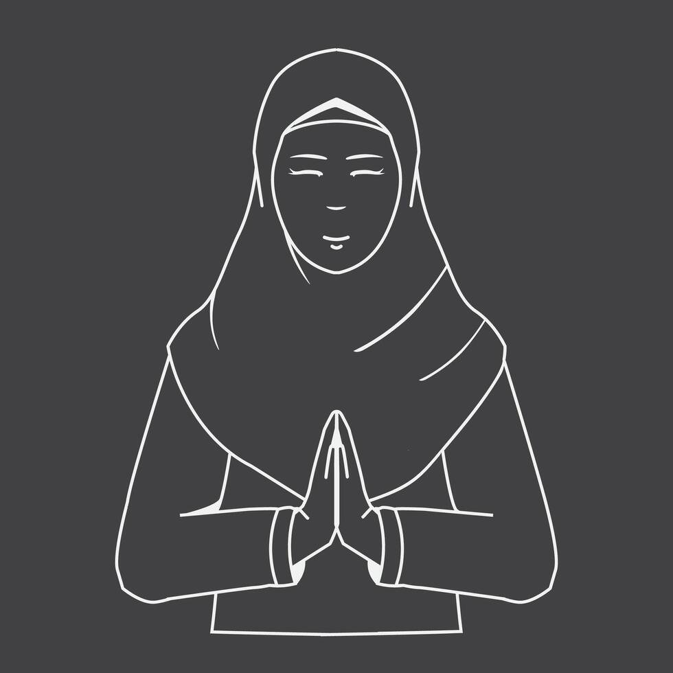 Asian muslim or moslem woman wearing hijab with greeting hand pose gesture. Vector Icon in Black and White or Grayscale Color Background.
