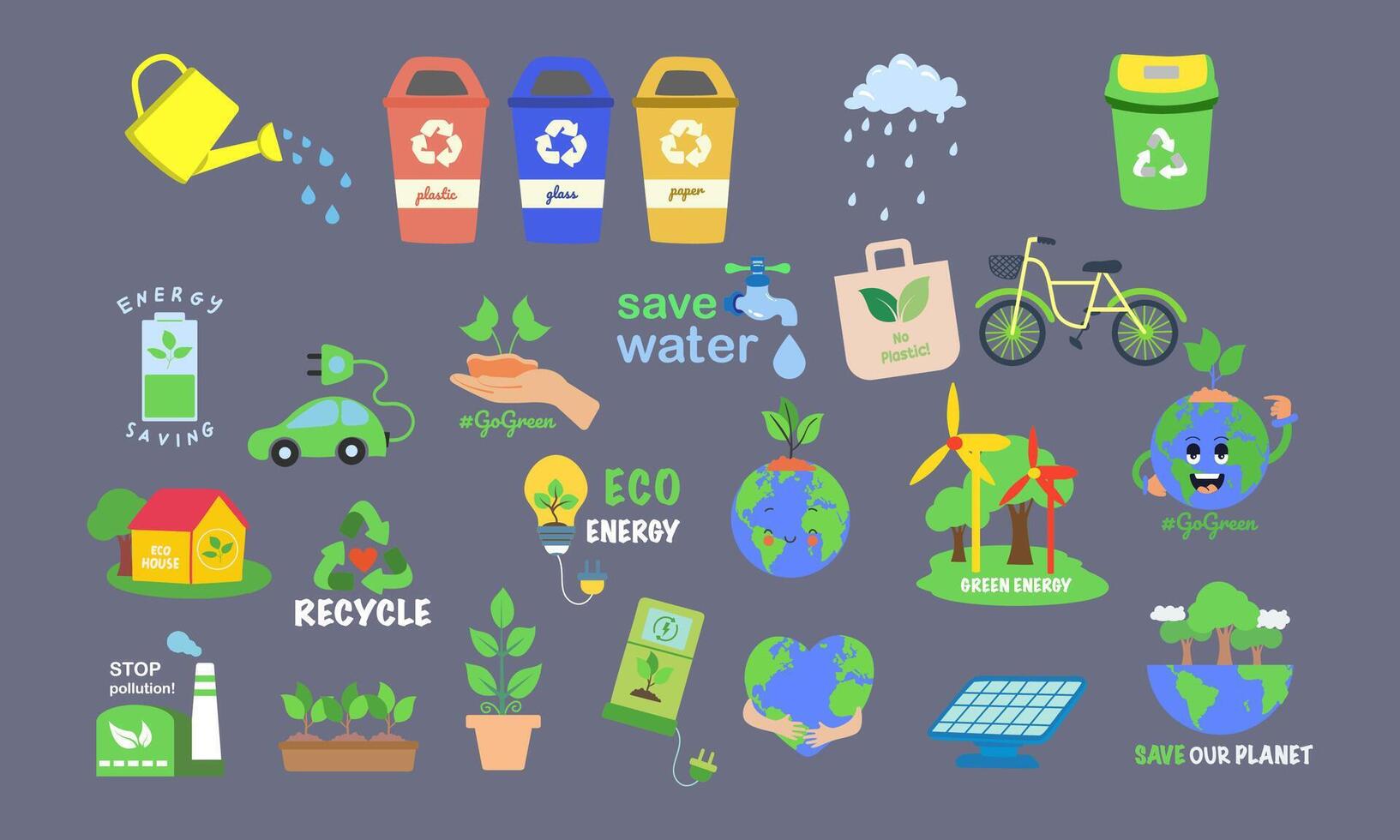 ecología icono colocar. tierra, ambiente, sostenibilidad, naturaleza, reciclar, renovable energía tal como eléctrico bicicleta y auto, Respetuoso del medio ambiente, viento fuerza, verde símbolo. sólido íconos vector colección