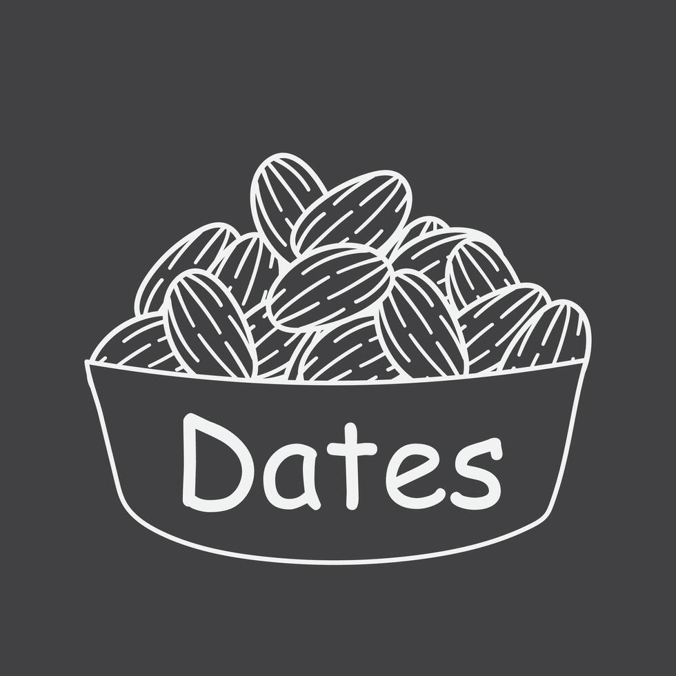 Almond or Dates Fruit in a bowl on a black and white or grayscale background. Vector illustration.