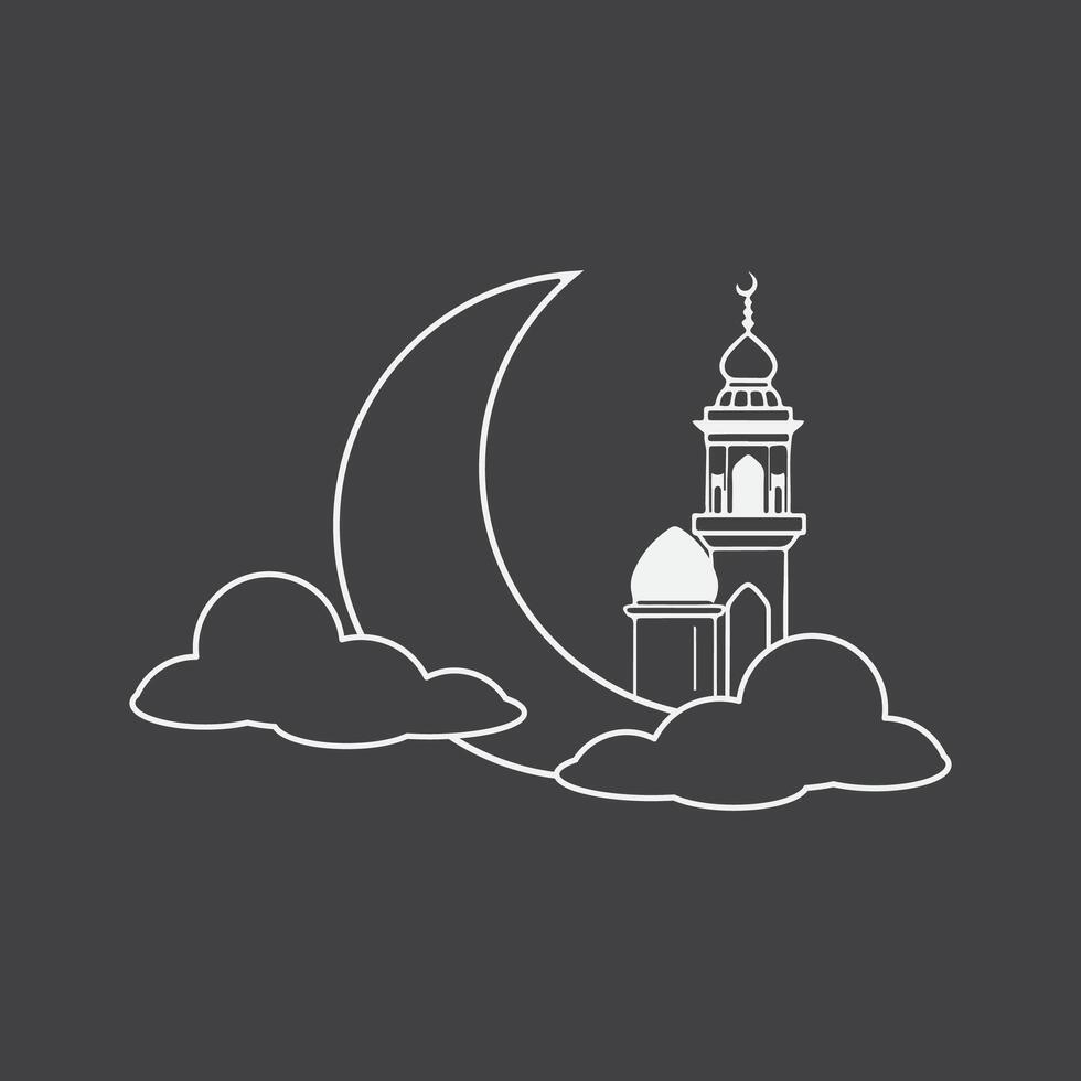 a clock tower of mosque or masjid with a crescent in the sky with black and white or grayscale color background vector