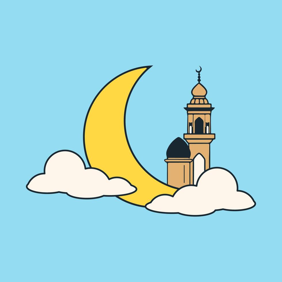 un reloj torre de mezquita o masjid con un creciente en el cielo vector