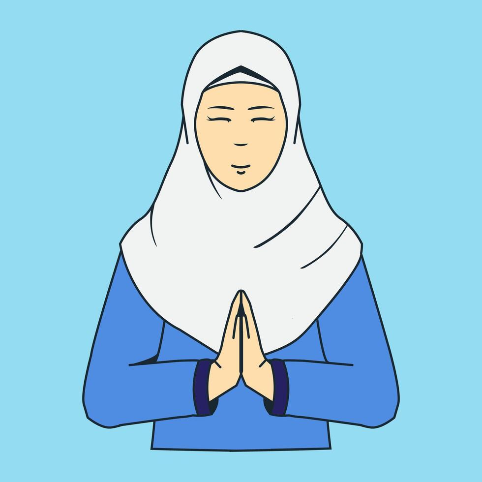 Muslim or moslem woman wearing hijab with greeting hand pose gesture. vector