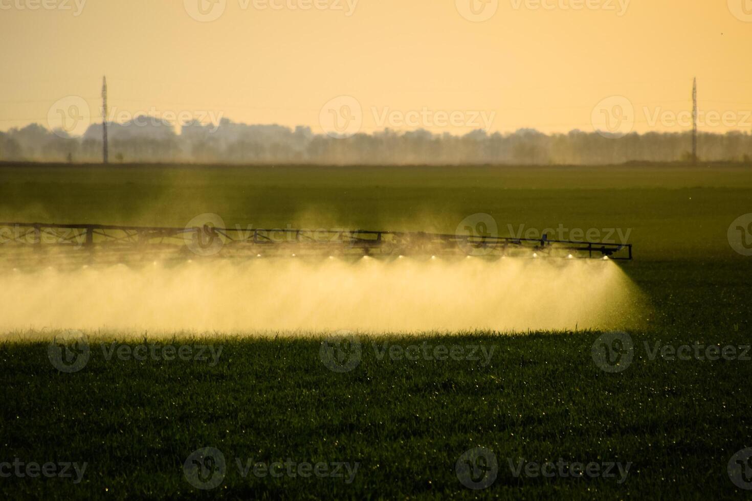 Jets of liquid fertilizer from the tractor sprayer. photo