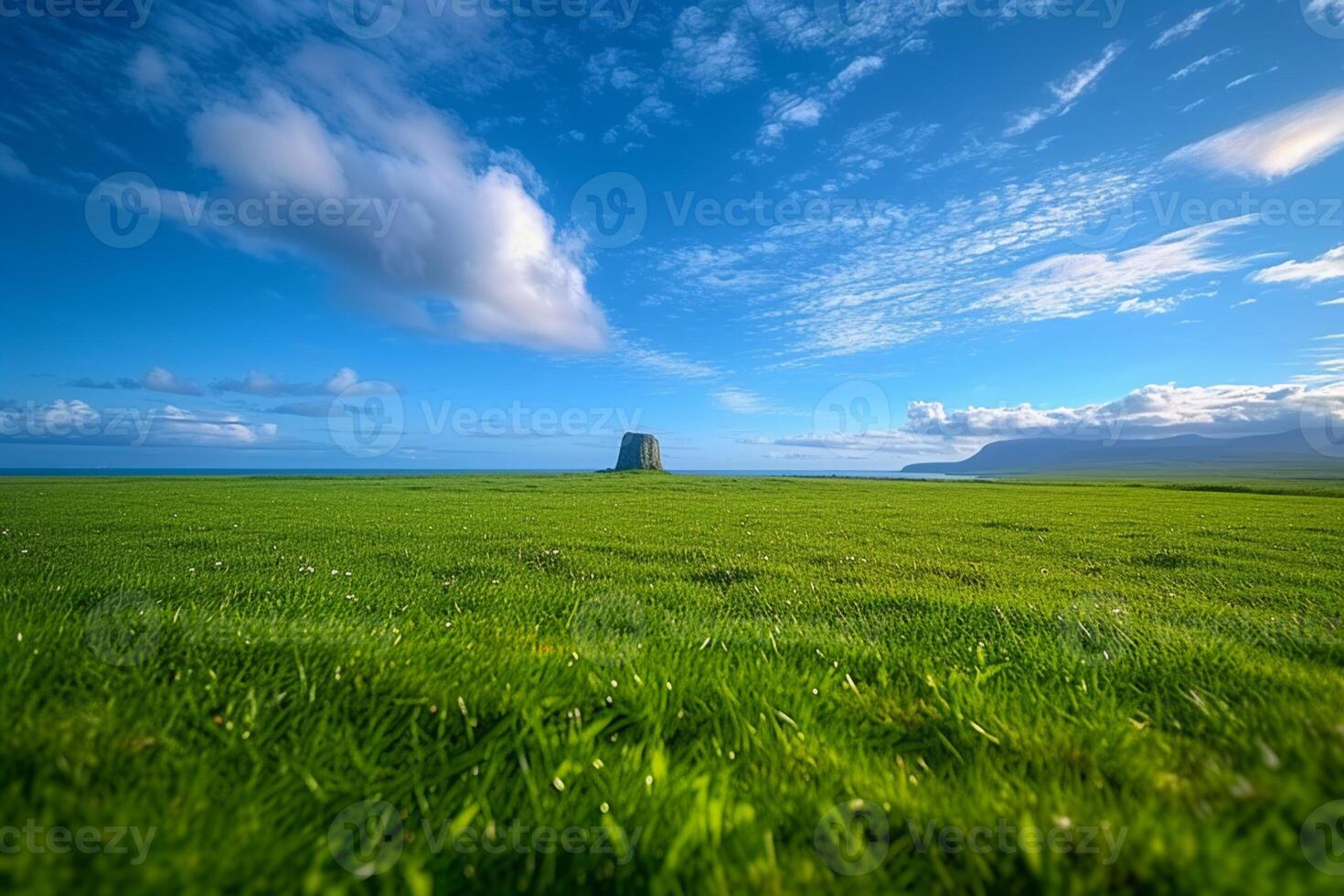 AI generated Expansive green grass field under a serene blue sky backdrop photo