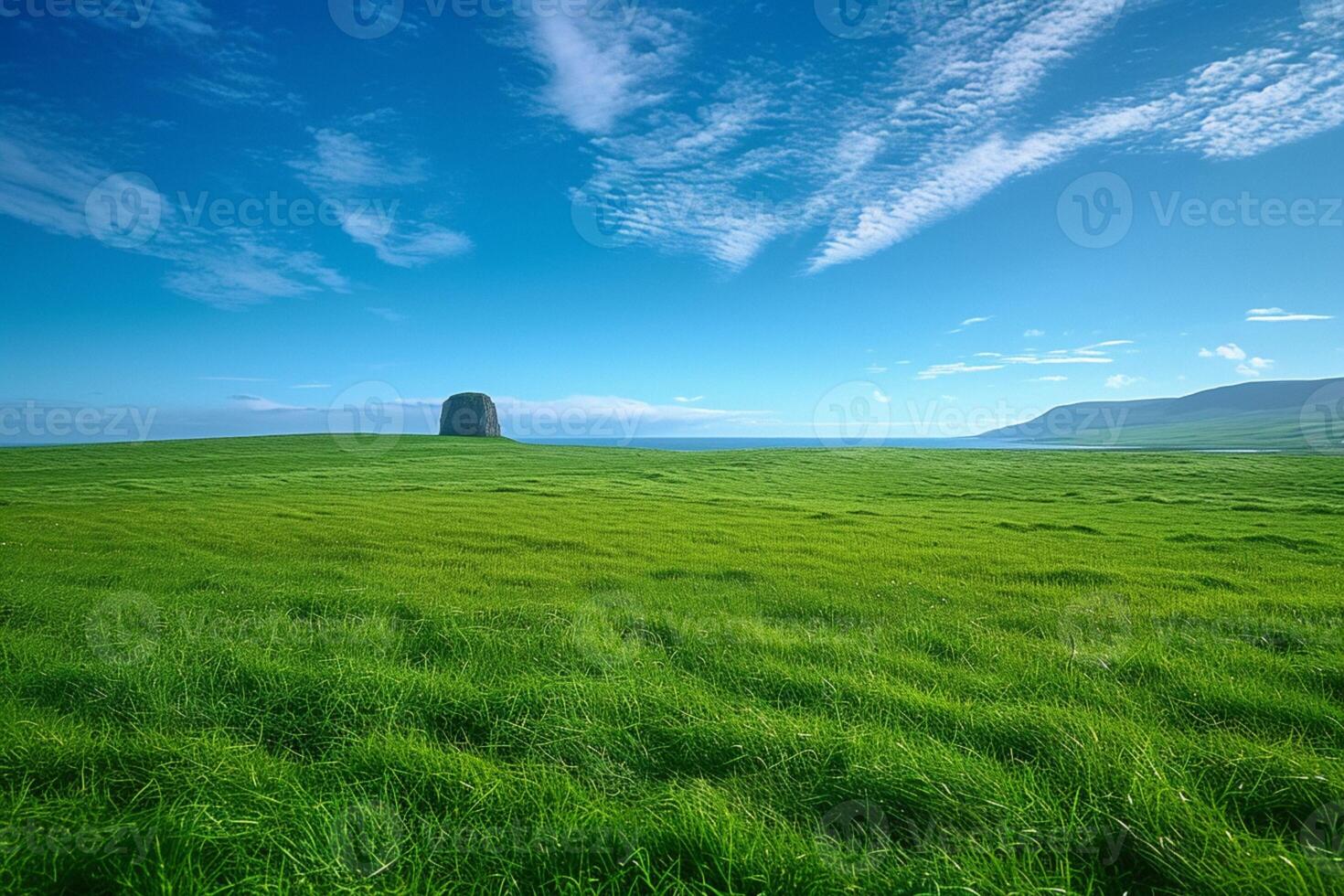 AI generated Tranquil scene green grass field stretches beneath a clear blue sky photo