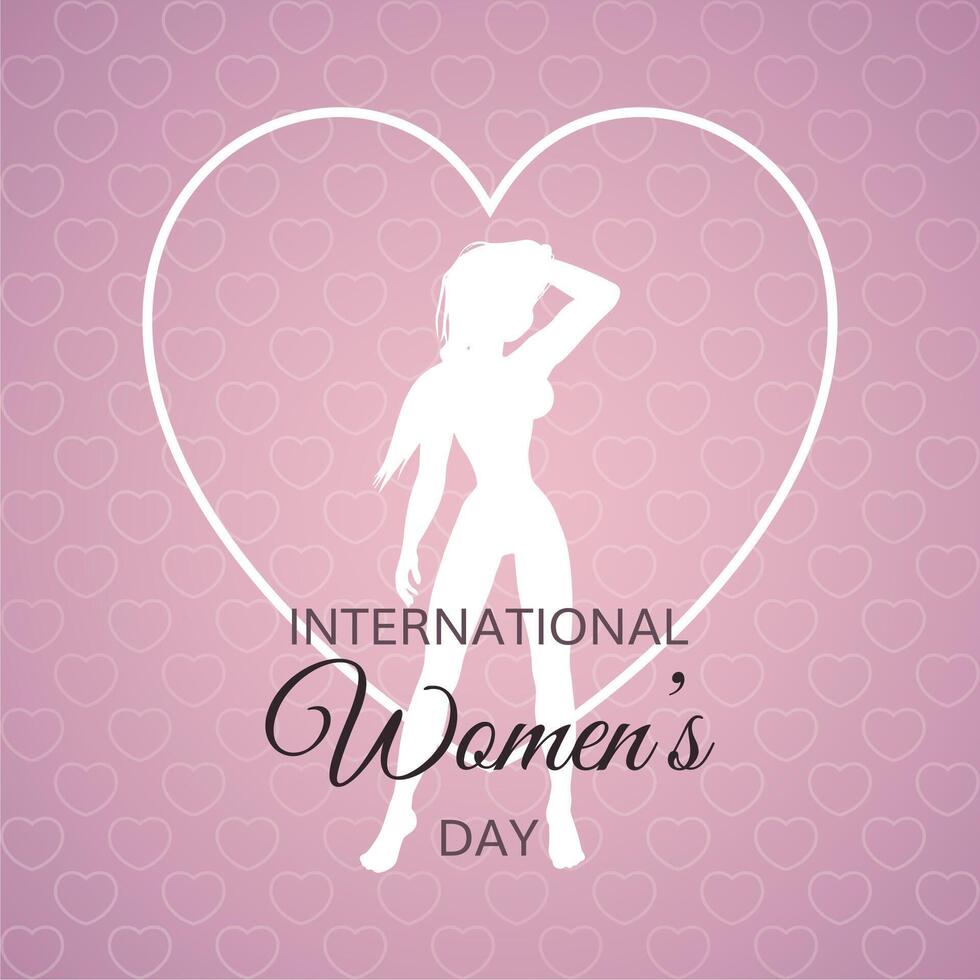 International Womens Day background with hearts and female silhouette vector