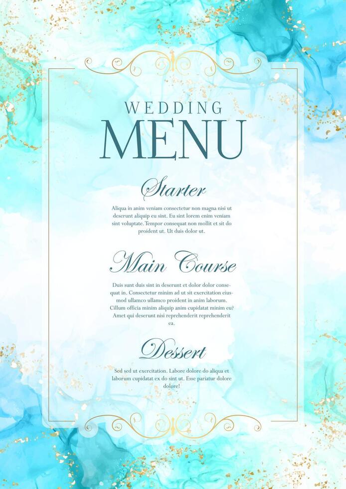 Elegant wedding menu design with hand painted alcohol ink design vector