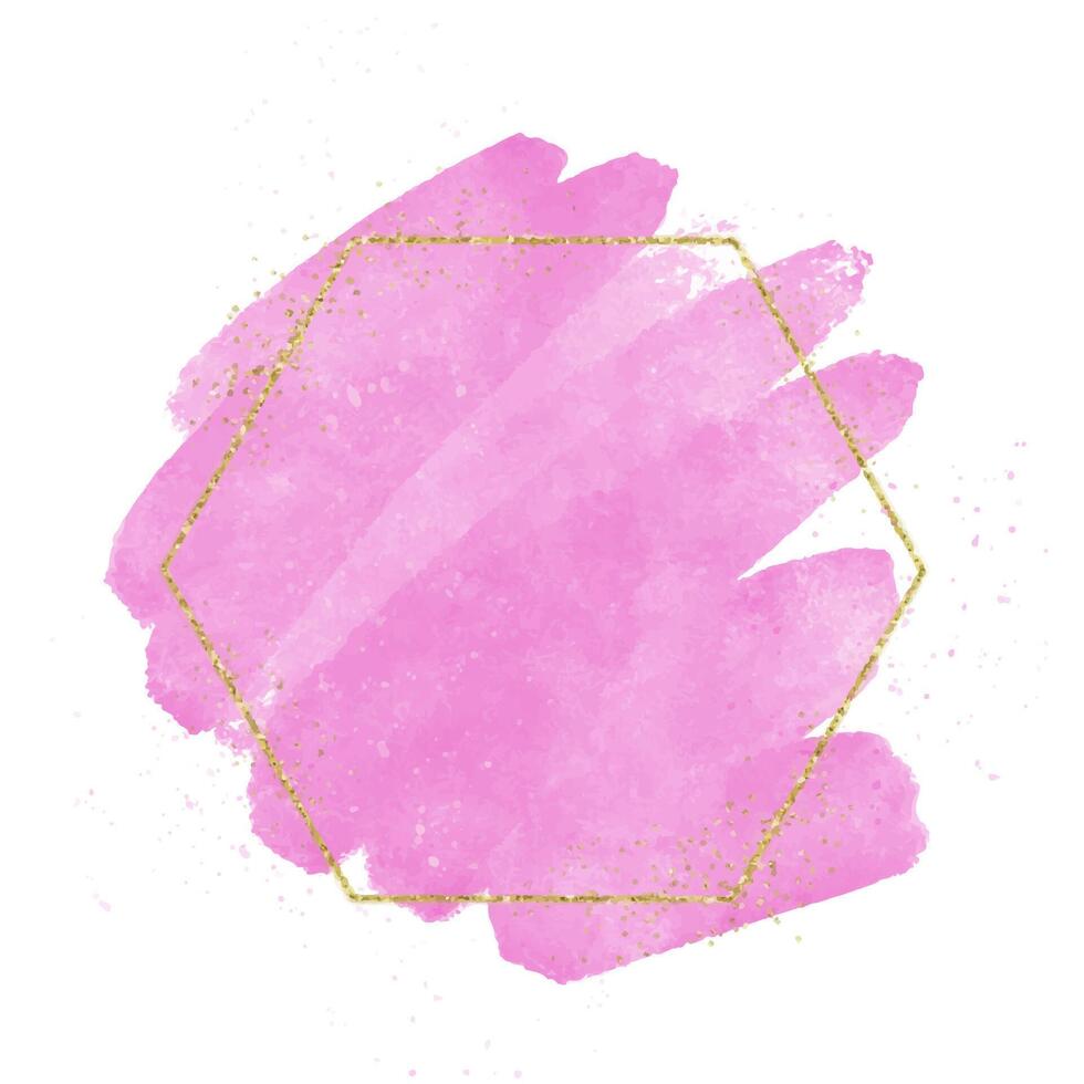 hand painted watercolour background with glittery gold hexagonal frame vector