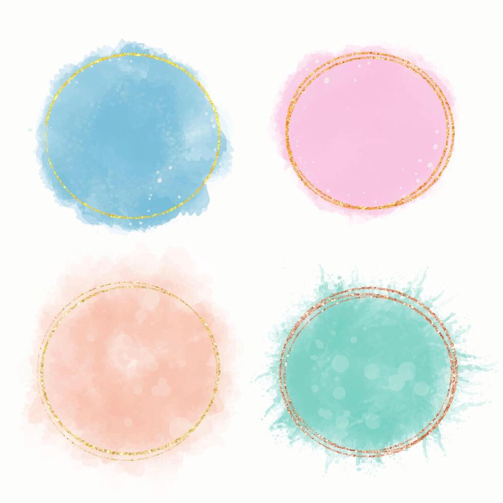 Collection of hand painted watercolour logo designs with gold glitter frames vector