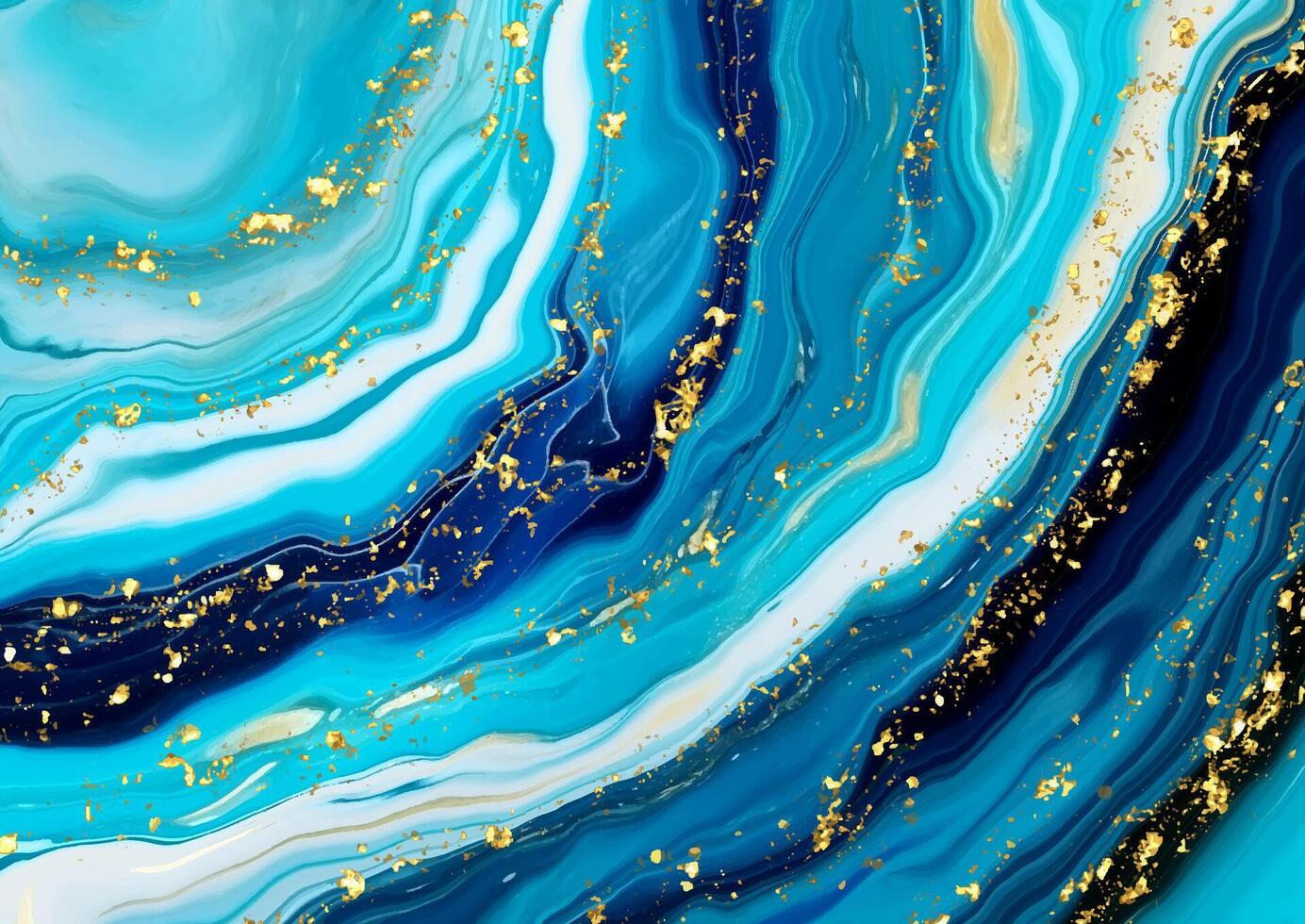 hand painted liquid marble design in teal and blue colours with gold glitter elements vector