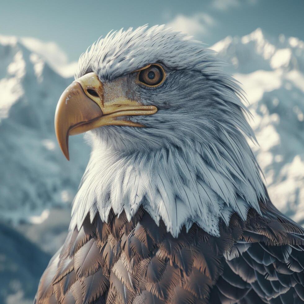 AI generated a bald eagle in front of snowy mountains. photo