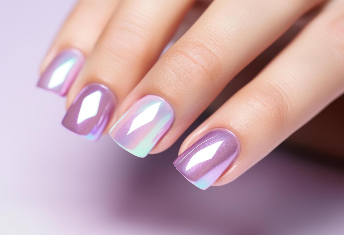 AI generated a beautiful woman's nails with silver shiny nail polish. photo