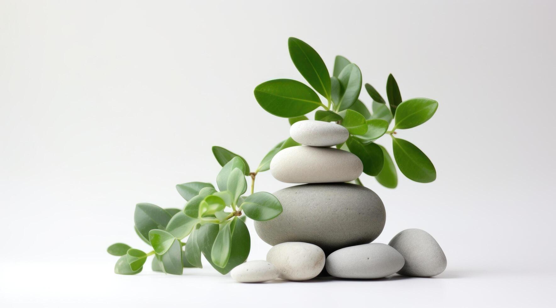 AI generated a bunch of stones, a green plant, and a white background photo