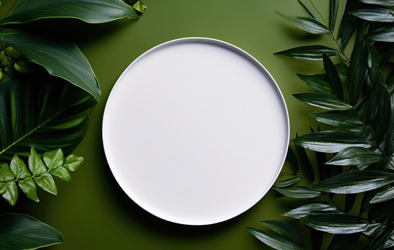 AI generated a circular plate in a green leaf background. photo