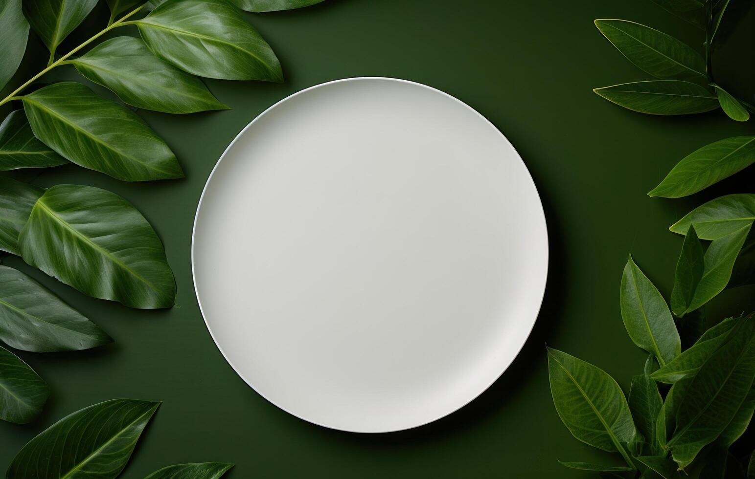 AI generated a circular plate in a green leaf background. photo