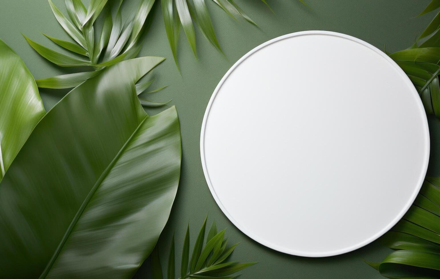 AI generated a circular plate in a green leaf background. photo