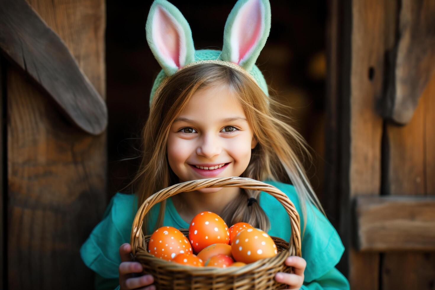 AI generated a girl holding a basket of eggs and bunny ears with wood background. photo