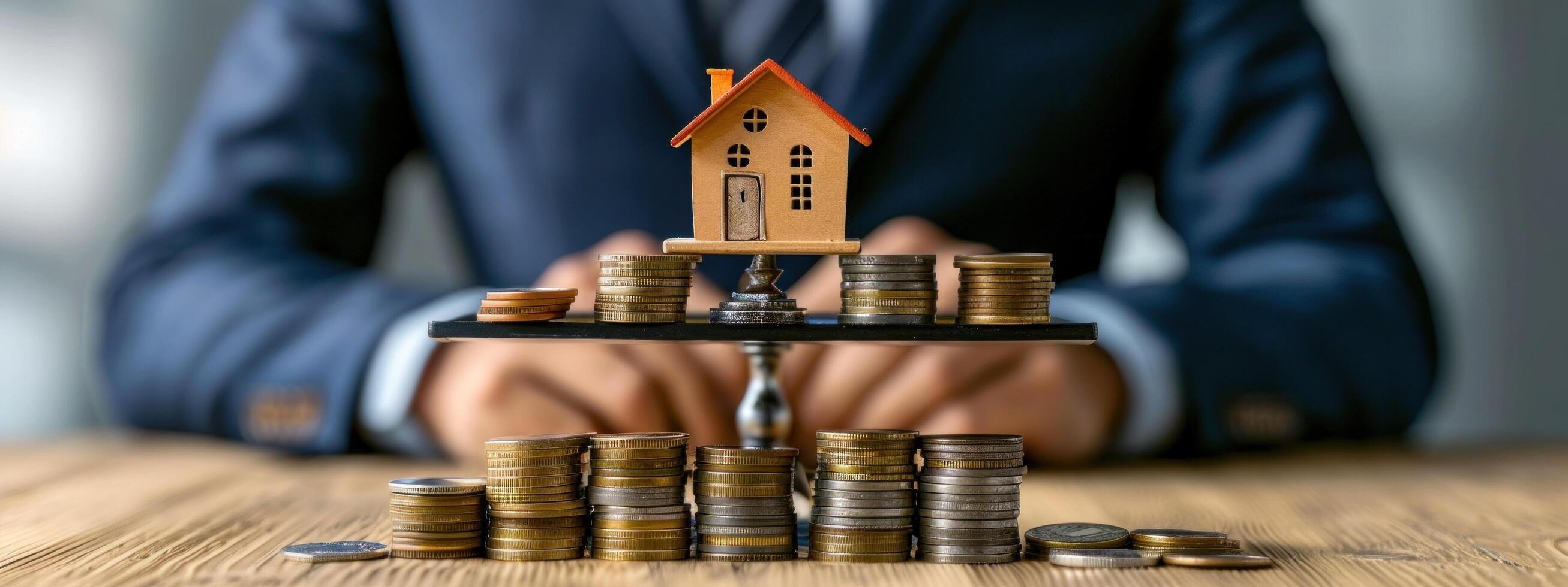 AI generated a man with a house on a scale with coins on it. photo