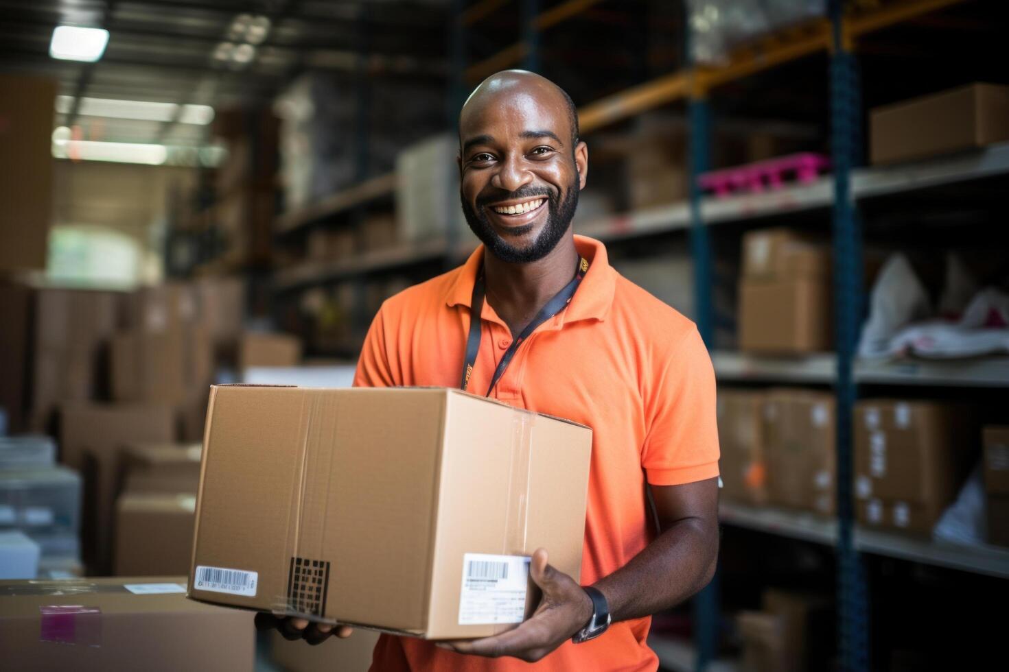 AI generated a man in a purple shirt holding a box in his hands. photo