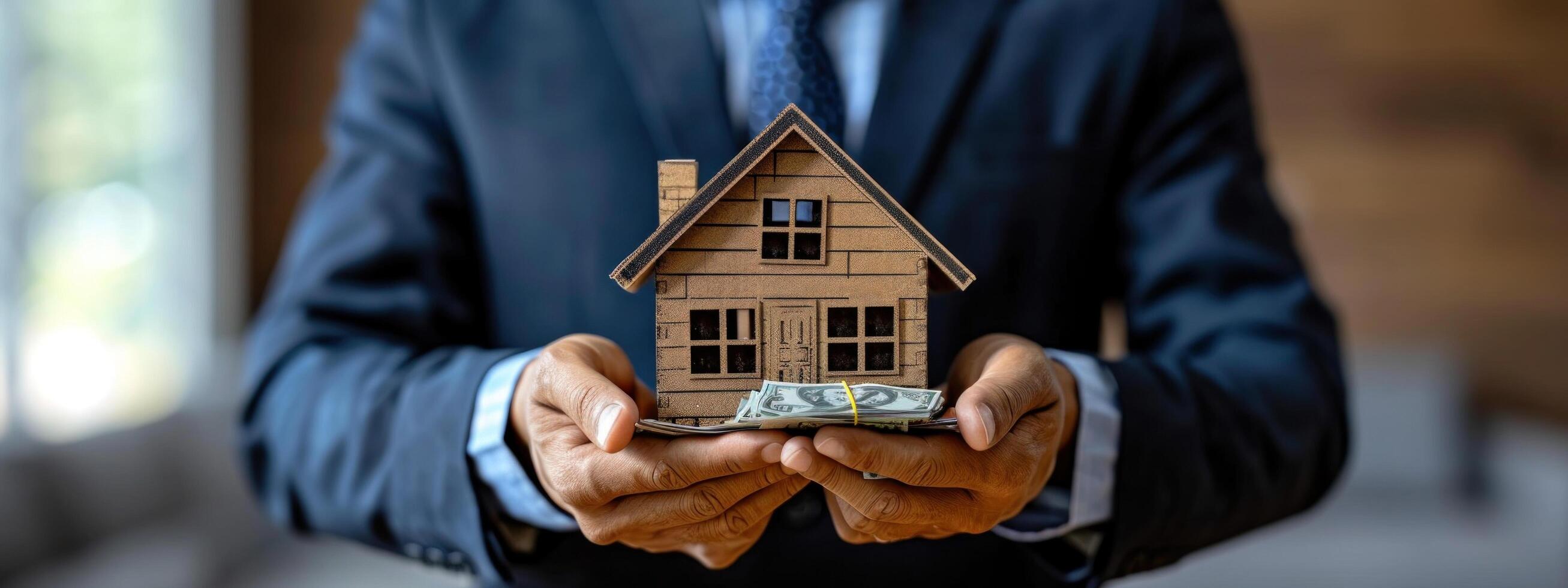 AI generated a person in a business suit holding money and making a house model. photo
