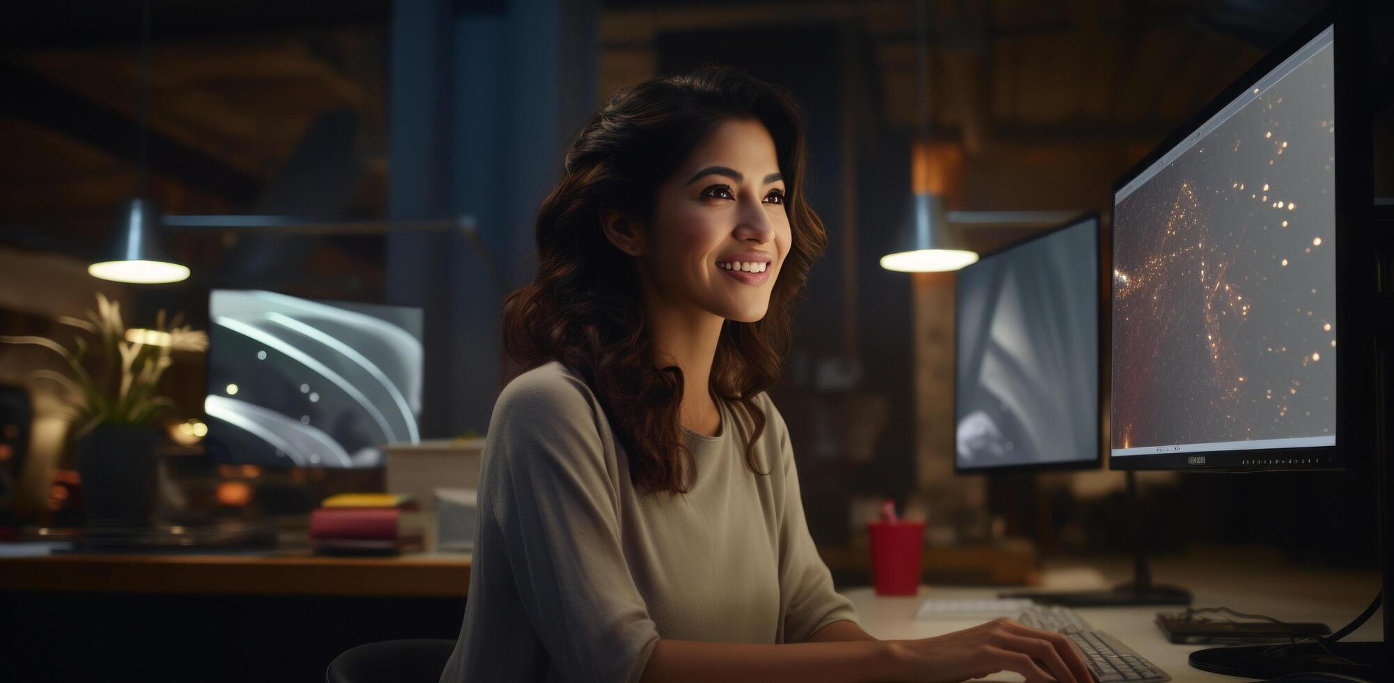 AI generated a person sitting in front of a computer smiling. photo