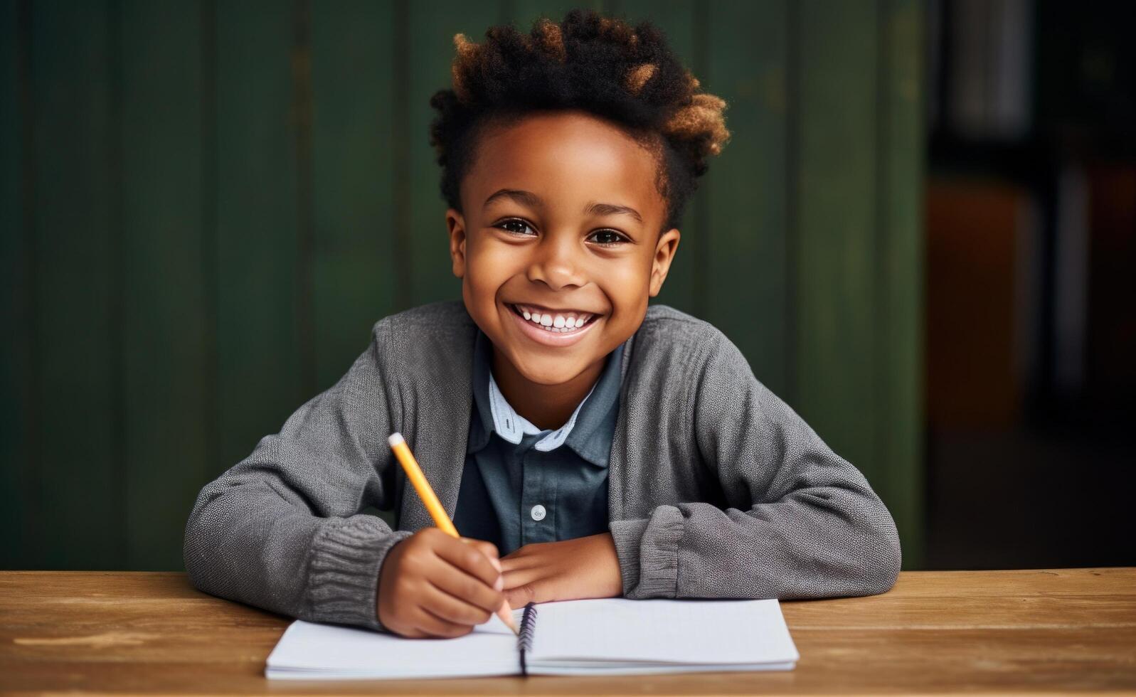 AI generated a small black boy working on his laptop computer at a desk with a smile photo