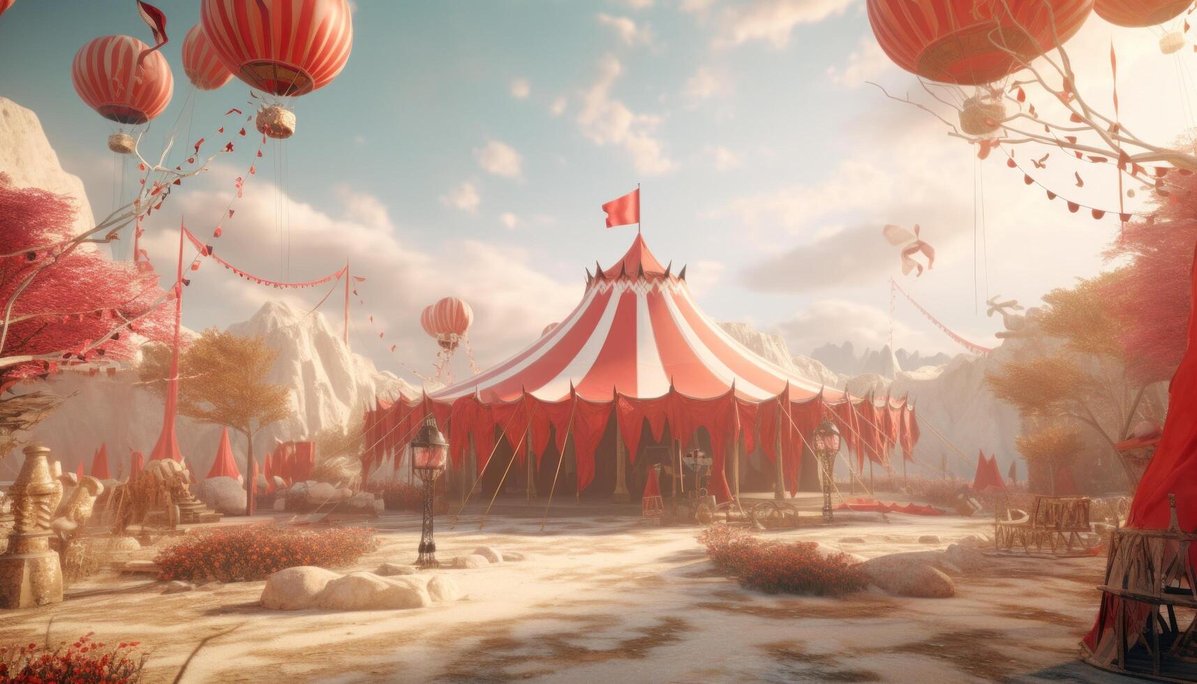 AI generated a red circus tent near some balloons. photo