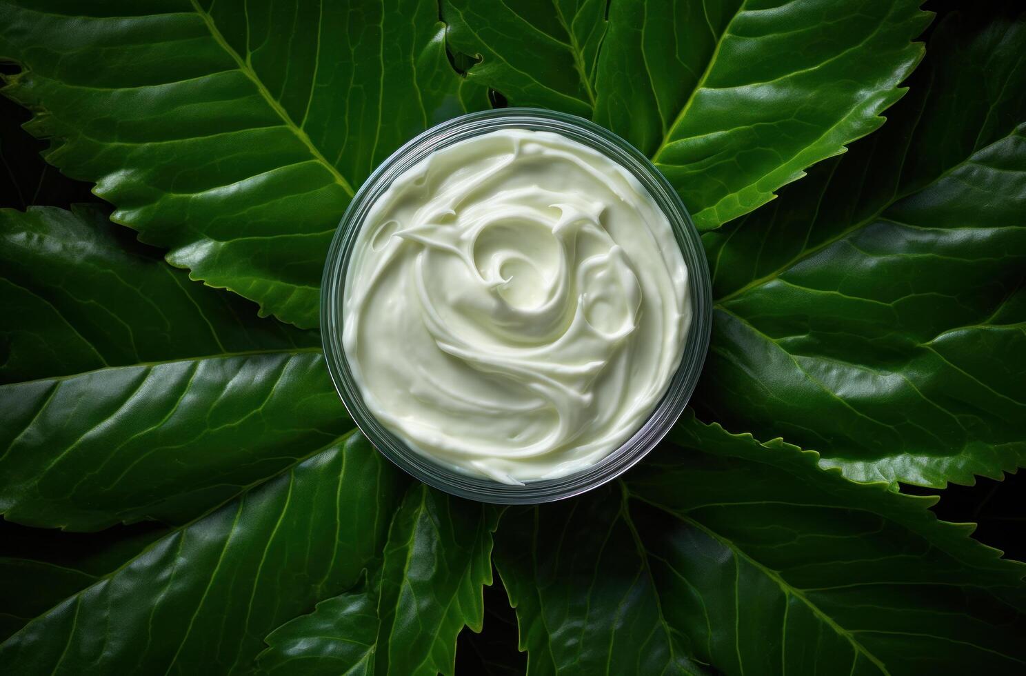 AI generated a white paste of face butter on a green leaf. photo
