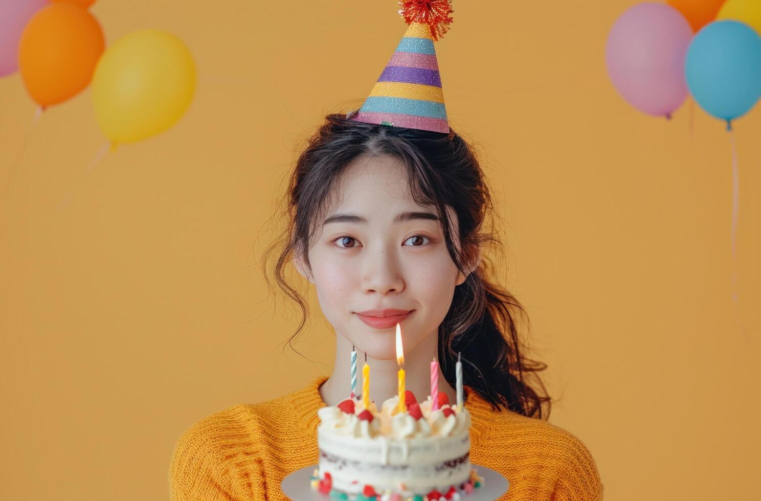 AI generated a young asian woman wearing a birthday hat is holding a birthday cake. photo
