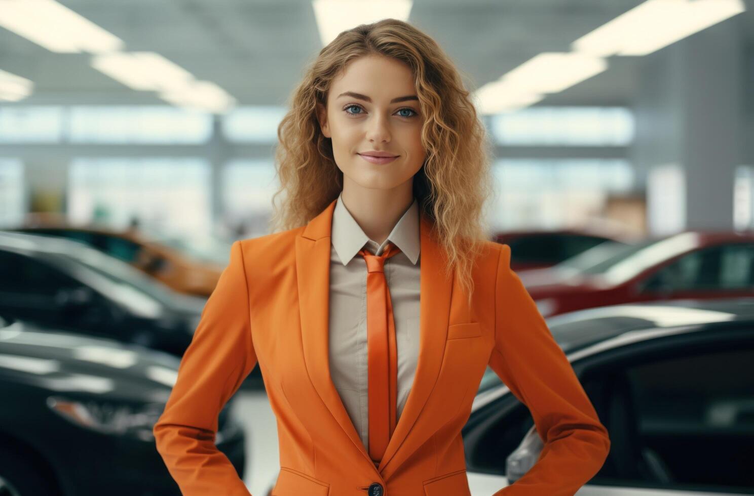 ai generado un joven mujer en un naranja traje y Corbata es en pie en un coche sala de exposición. foto