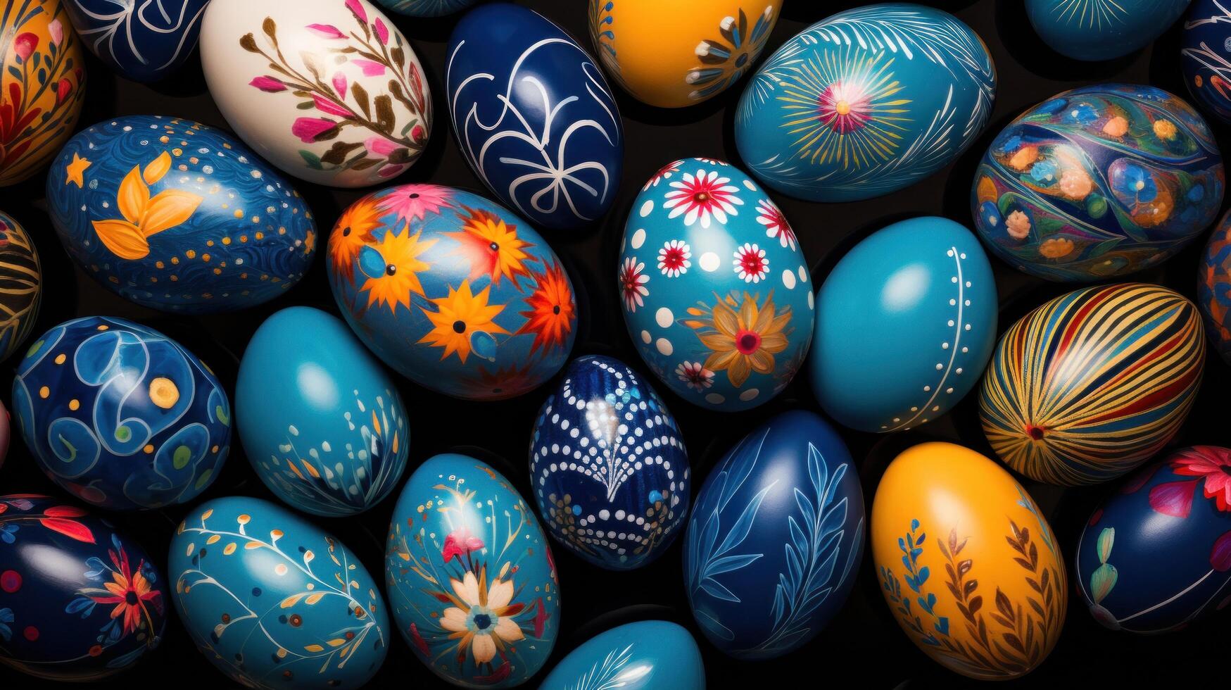 AI generated An array of beautifully decorated eggs, forming a vibrant and eye-catching backdrop for festive advertising. photo