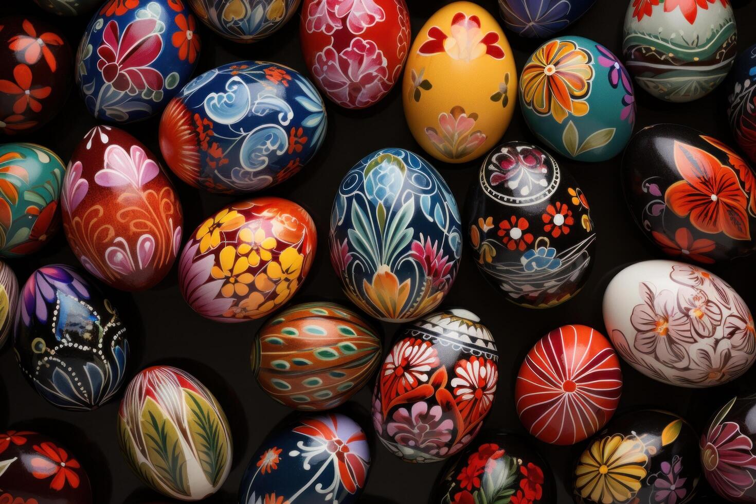 AI generated An array of beautifully decorated eggs, forming a vibrant and eye-catching backdrop for festive advertising. photo