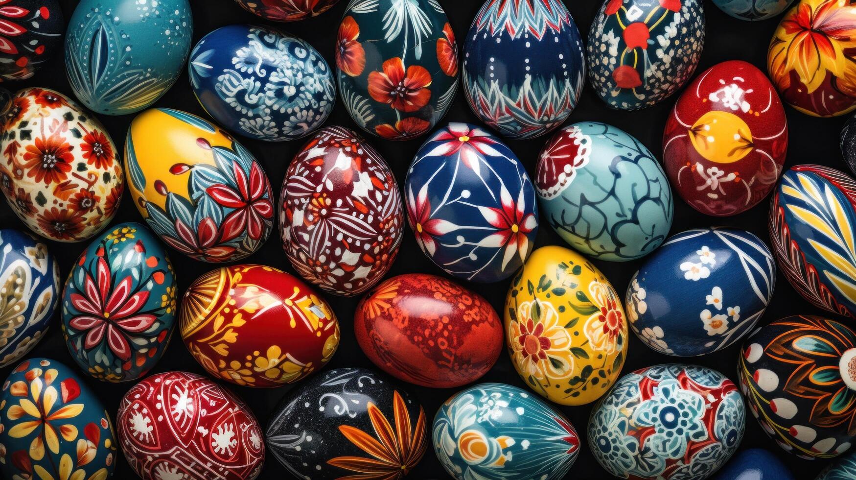 AI generated An array of beautifully decorated eggs, forming a vibrant and eye-catching backdrop for festive advertising. photo