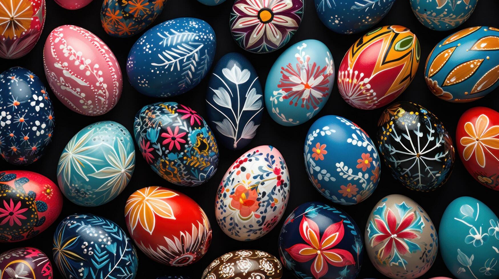 AI generated An array of beautifully decorated eggs, forming a vibrant and eye-catching backdrop for festive advertising. photo