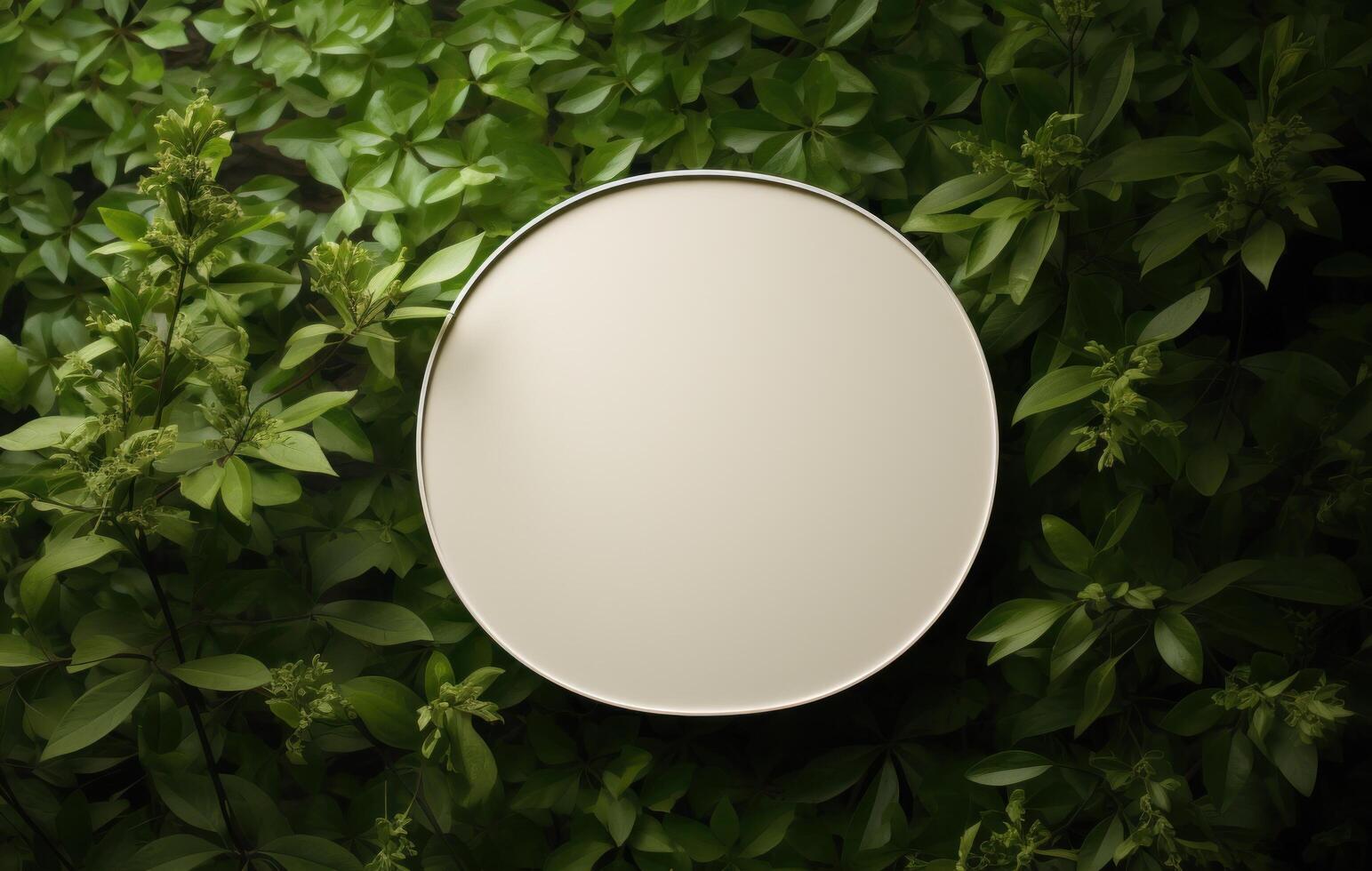 AI generated an oval mirror frame next to green leaves. photo