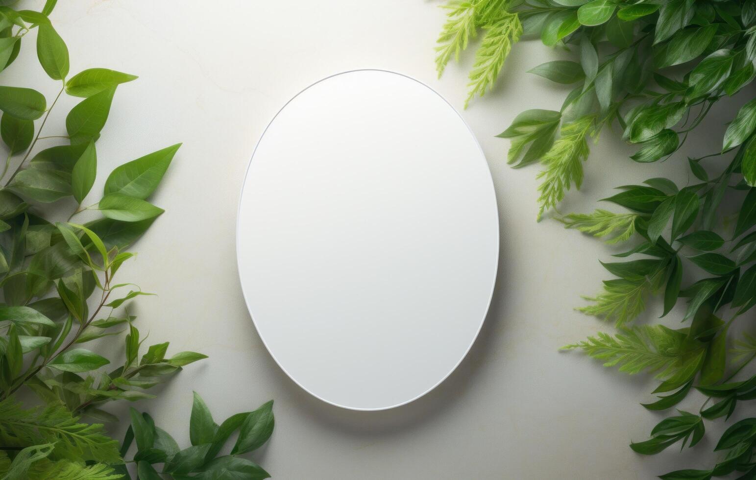 AI generated an oval mirror frame next to green leaves. photo