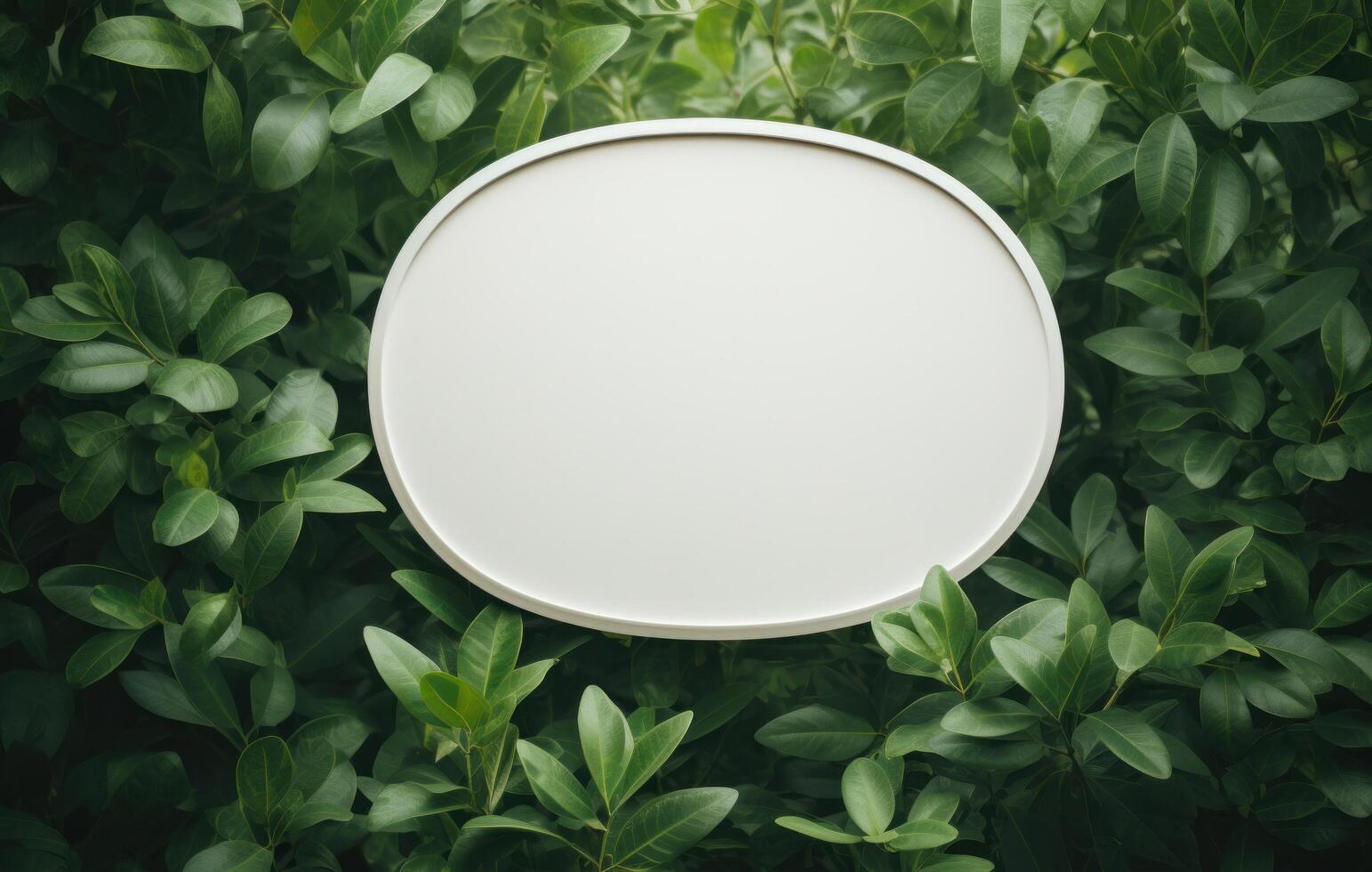 AI generated an oval mirror frame next to green leaves. photo