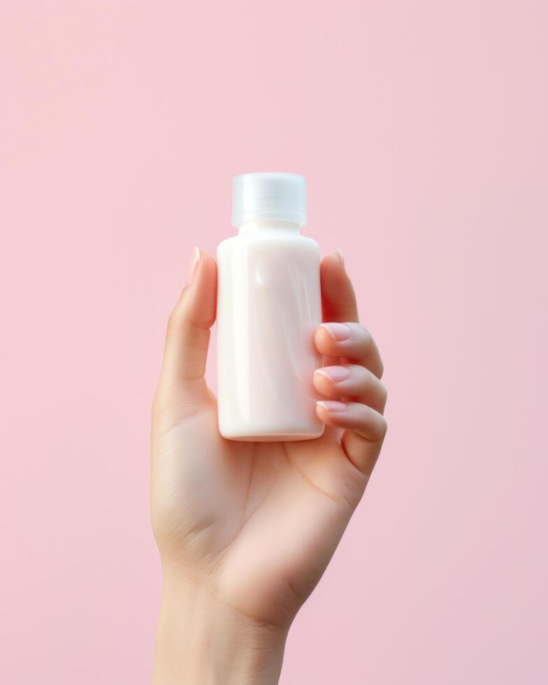 AI generated beauty hand in front of bottle cream. photo