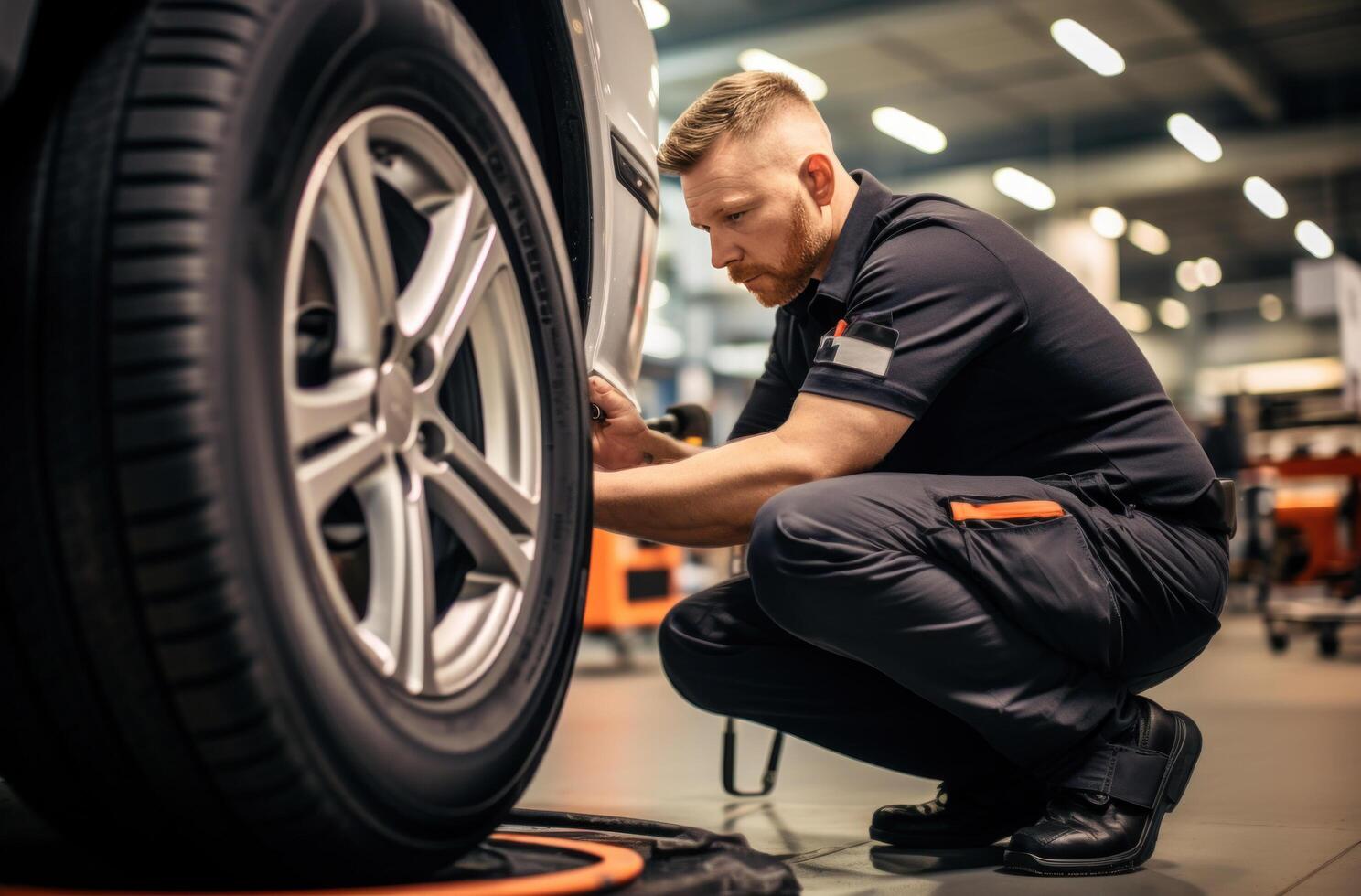 AI generated auto mechanic checking the tyre of my car. photo