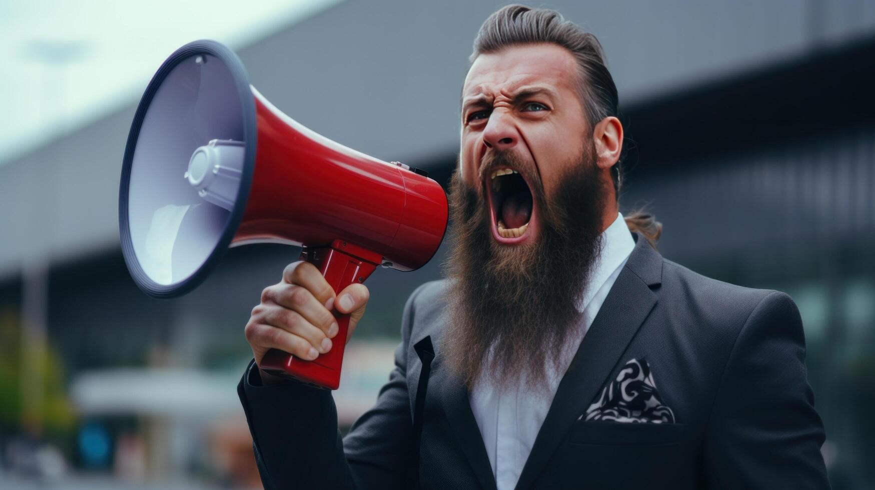 AI generated business man with beard shouting in a megaphone. photo