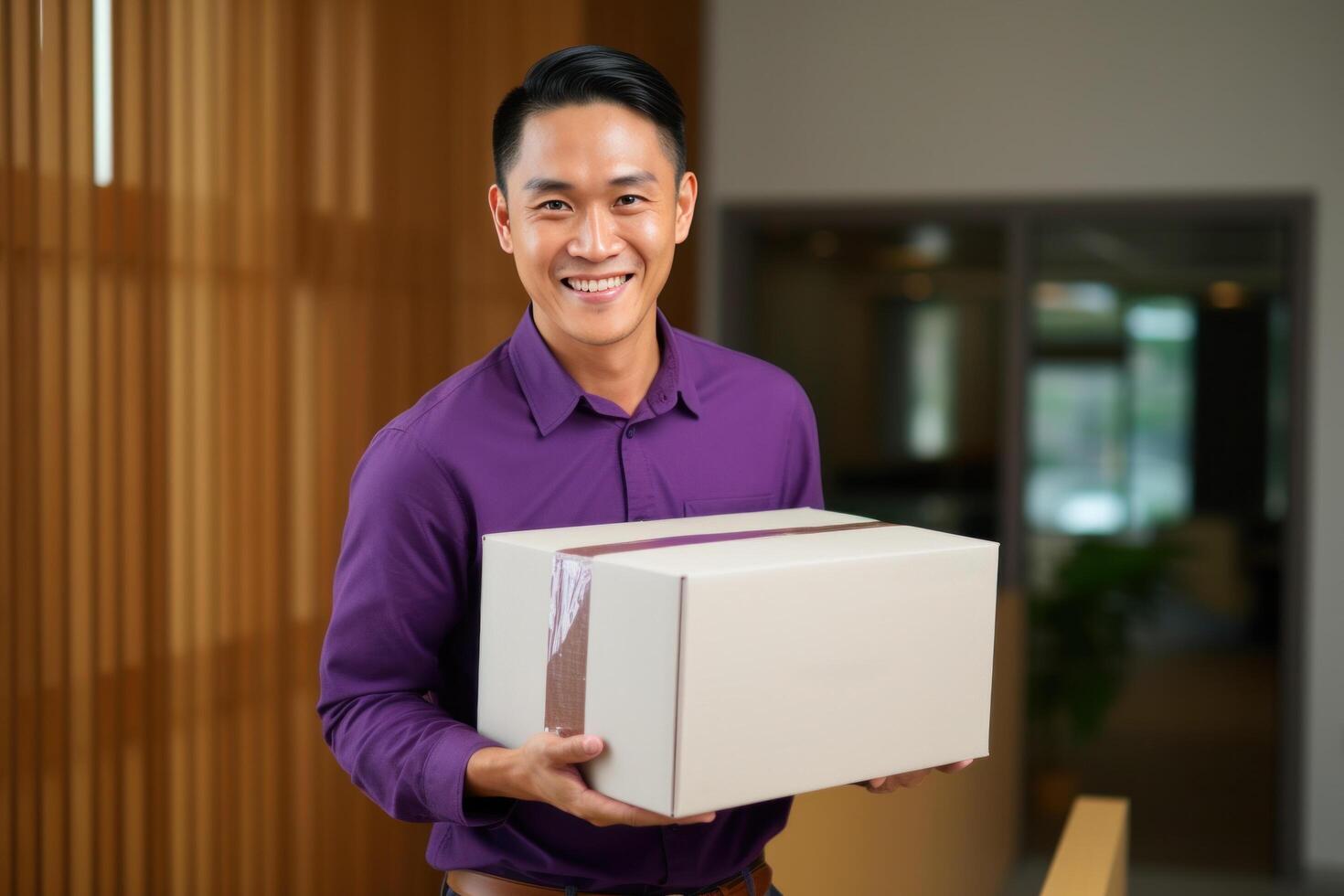 AI generated business man in purple shirt holding a white box. photo