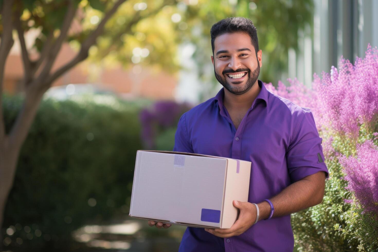 AI generated business man in purple shirt holding a white box. photo