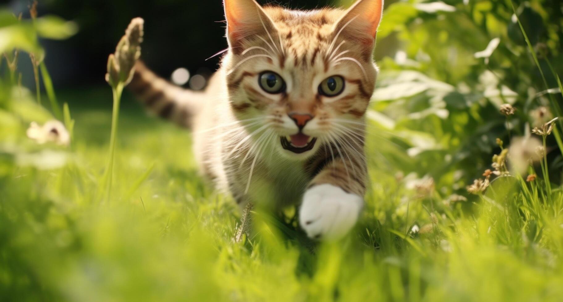 AI generated cat chasing a mouse in the grass. photo