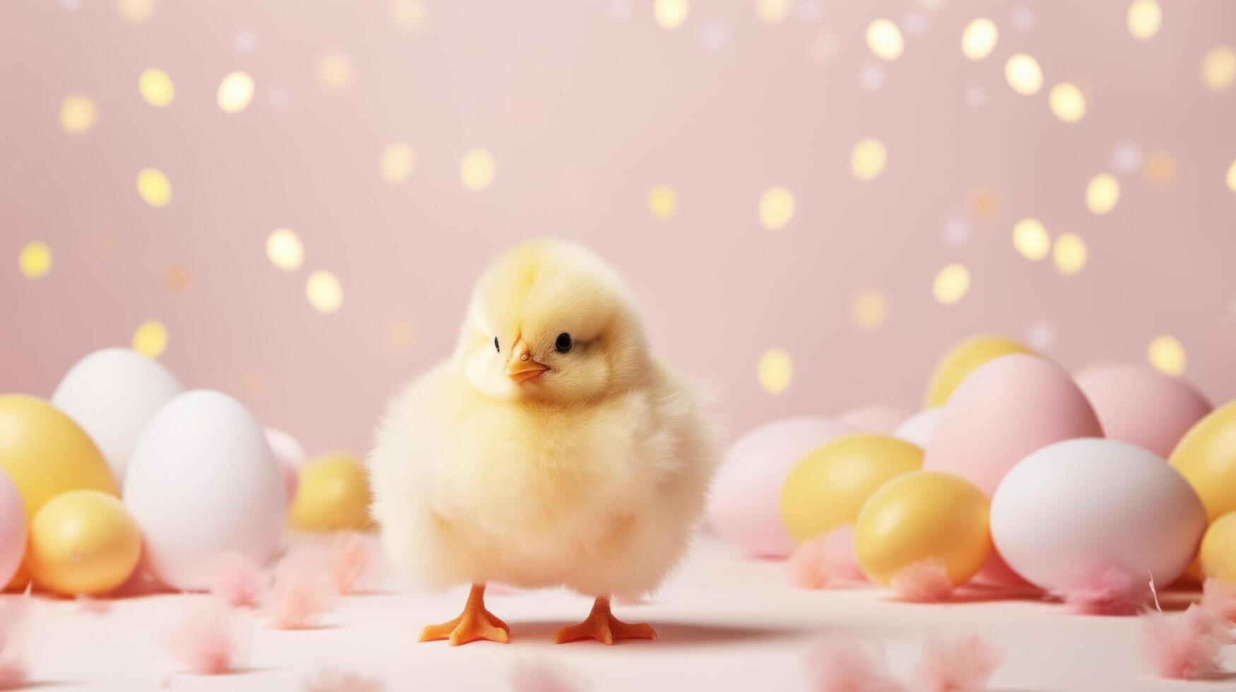 AI generated Cute chicks and Easter decorations combine to form an adorable background for stylish and festive promotions. photo
