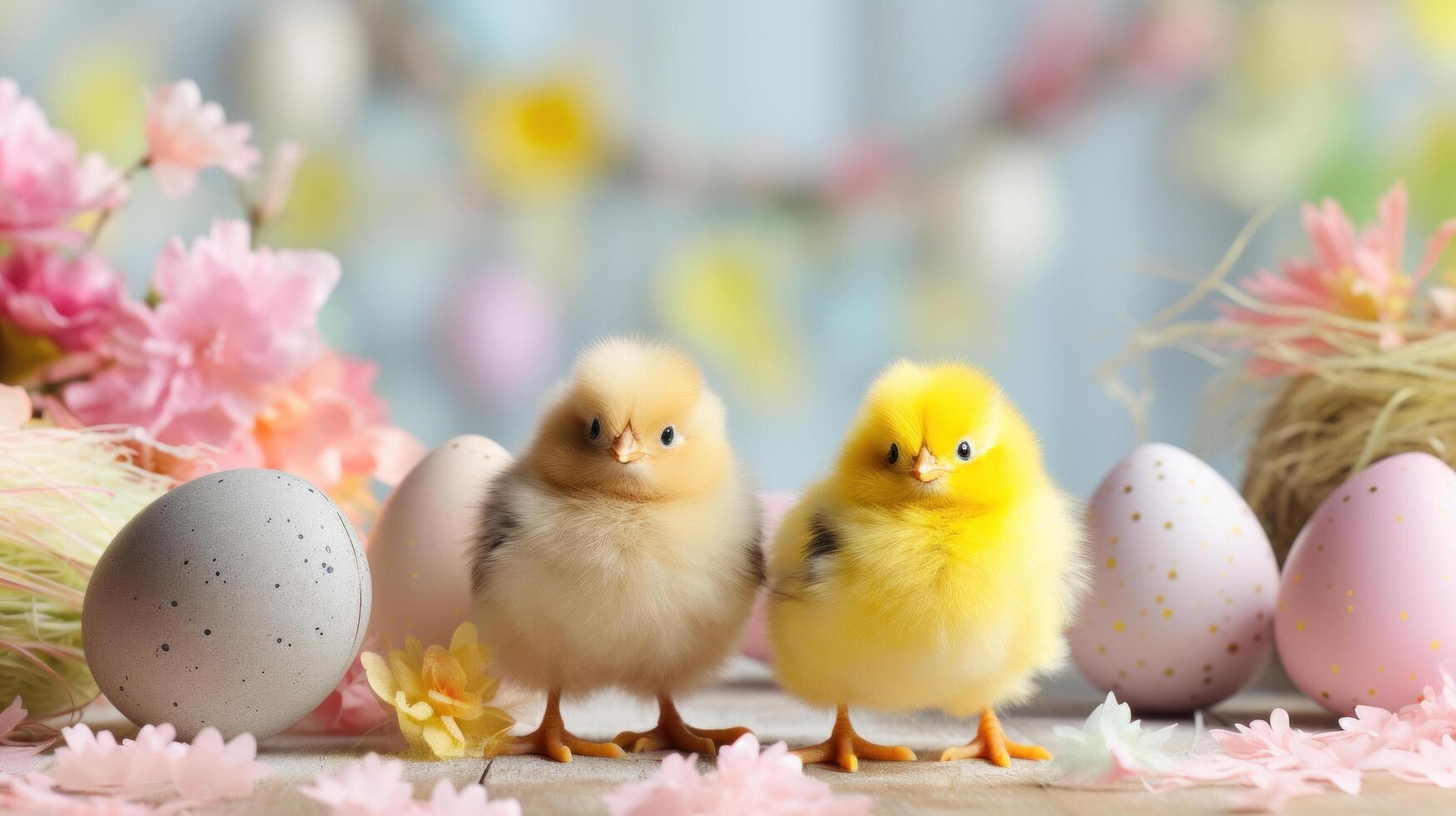 AI generated Cute chicks and Easter decorations combine to form an adorable background for stylish and festive promotions. photo